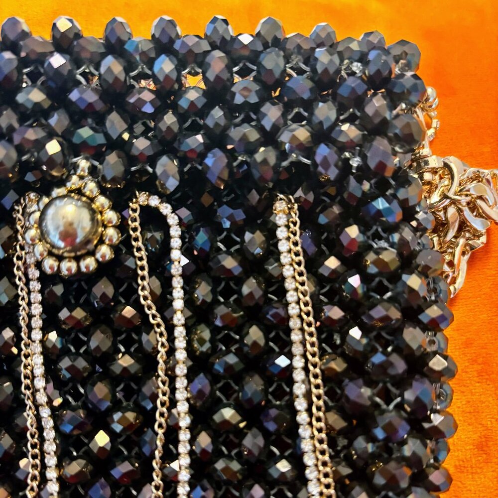 Black Beaded Evening Bag Gold Chain Mini Crossbody